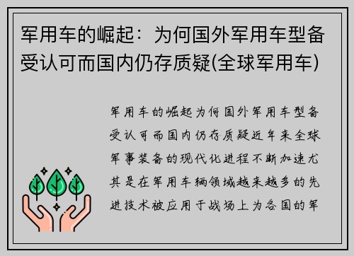 军用车的崛起：为何国外军用车型备受认可而国内仍存质疑(全球军用车)