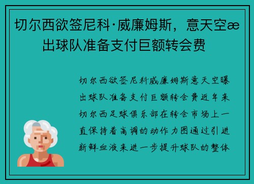 切尔西欲签尼科·威廉姆斯，意天空曝出球队准备支付巨额转会费
