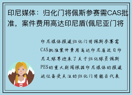 印尼媒体：归化门将佩斯参赛需CAS批准，案件费用高达印尼盾(佩尼亚门将)