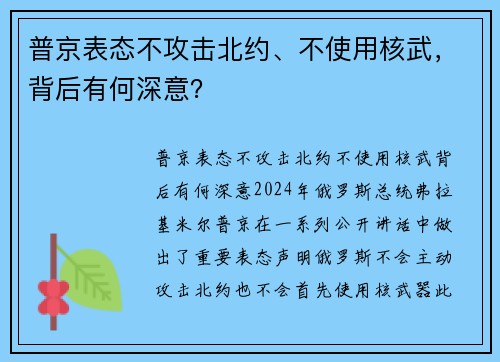 普京表态不攻击北约、不使用核武，背后有何深意？